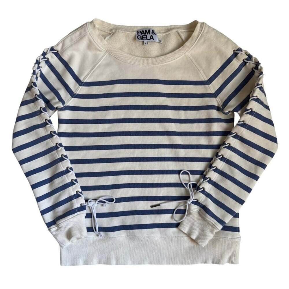 Pam & Gela Cream and Blue Striped Lace-Up Sleeve Sweatshirt - Size P